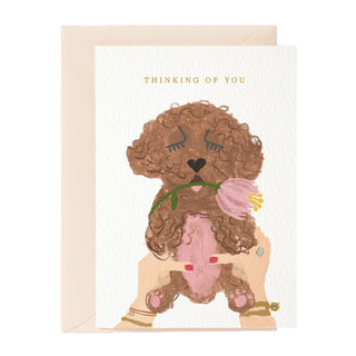 Tarjeta de felicitación con el mensaje "Pensando en ti, perro"