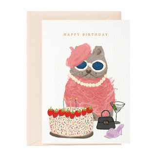 Tarjeta de felicitación de cumpleaños con un gato de moda